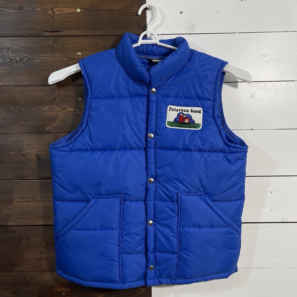 Vintage 80s Swingster‎ Puffer Vest Peterson Seeds Men's Large Blue Snap Button